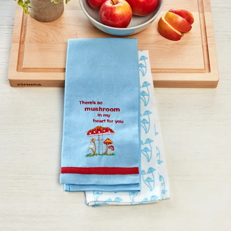 Set of 2 Spring Mushroom Embroidered Kitchen Towels