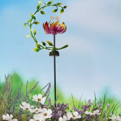 Solar Flower and Leaves Wind Spinner Garden Stake Red or Blue
