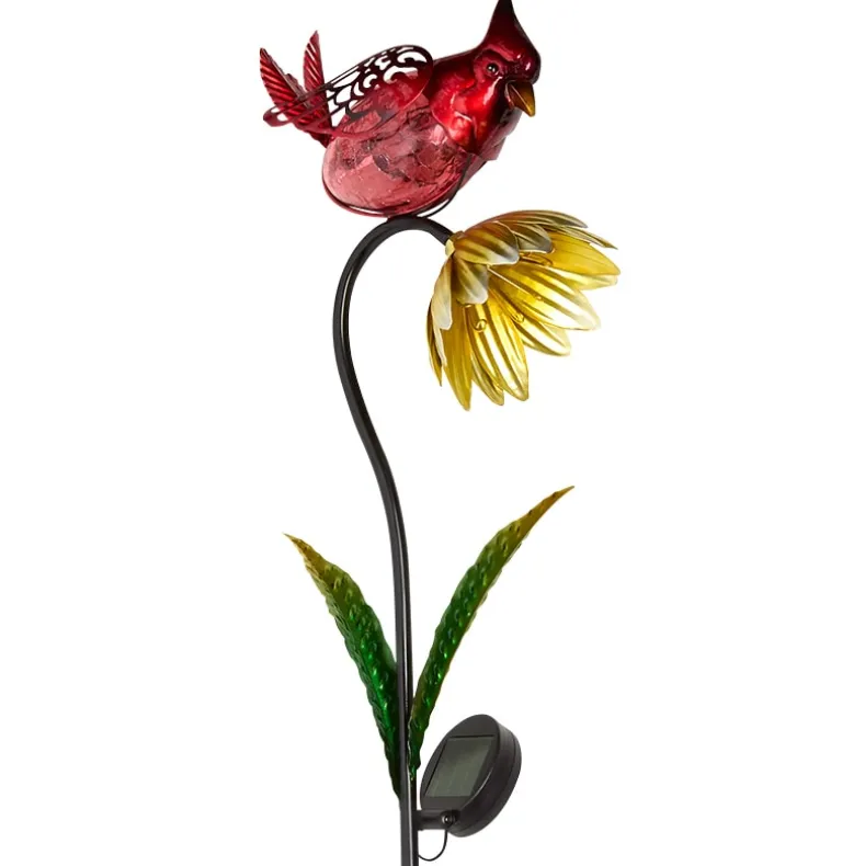 Solar Flower With Perched Bird Garden Stake - Blue or Red