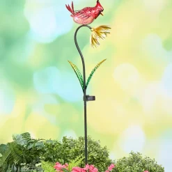 Solar Flower With Perched Bird Garden Stake - Blue or Red