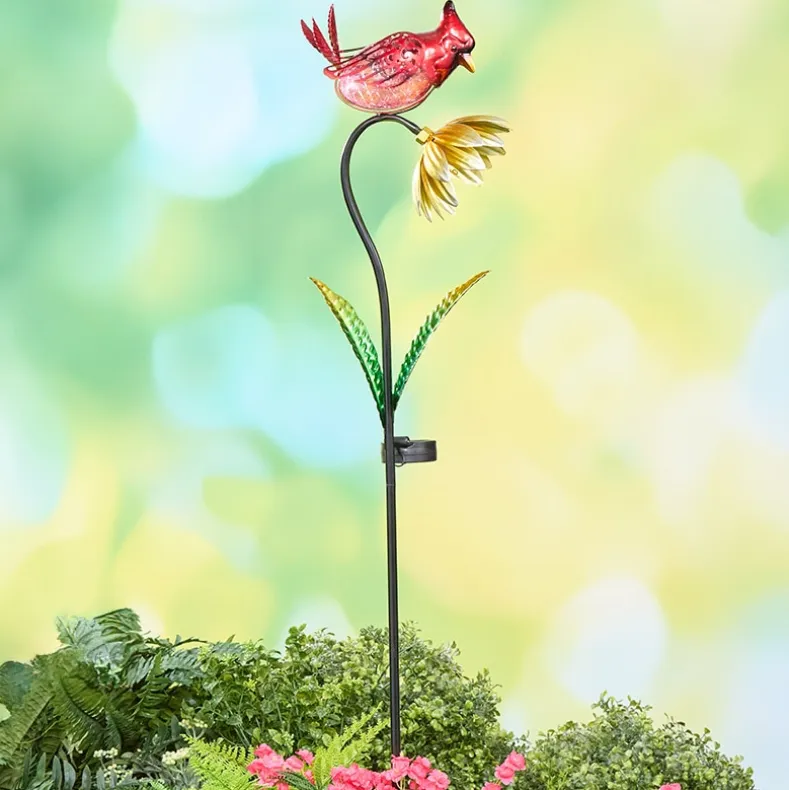 Solar Flower With Perched Bird Garden Stake - Blue or Red