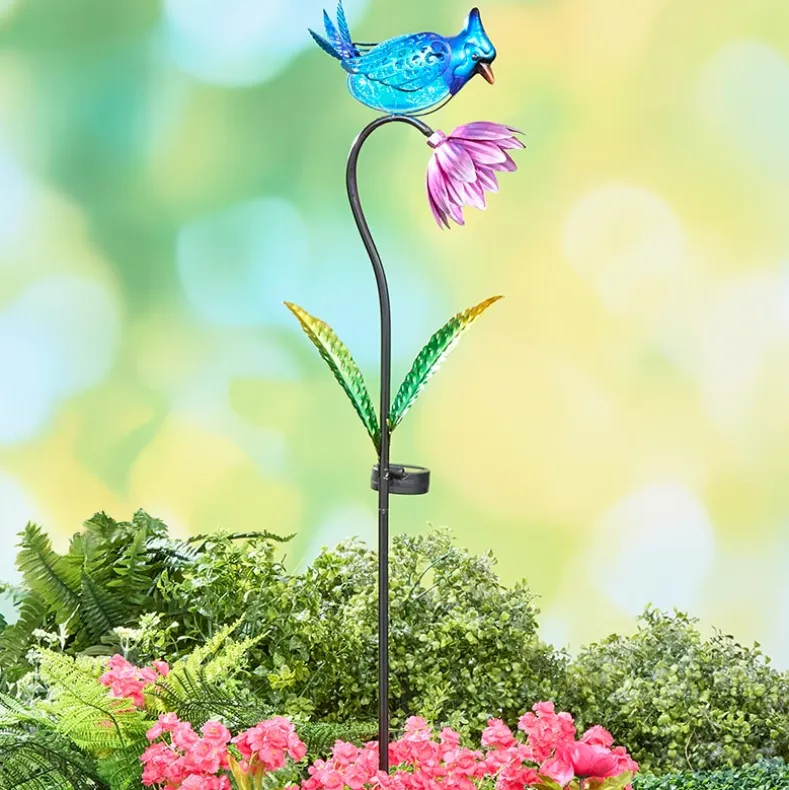 Solar Flower With Perched Bird Garden Stake - Blue or Red