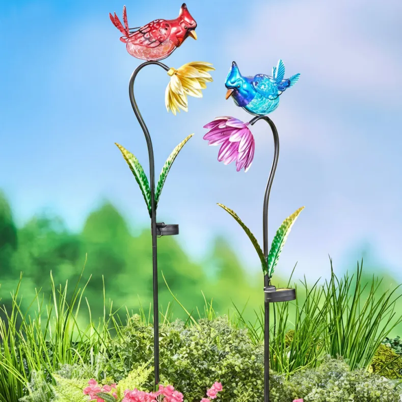 Solar Flower With Perched Bird Garden Stake - Blue or Red