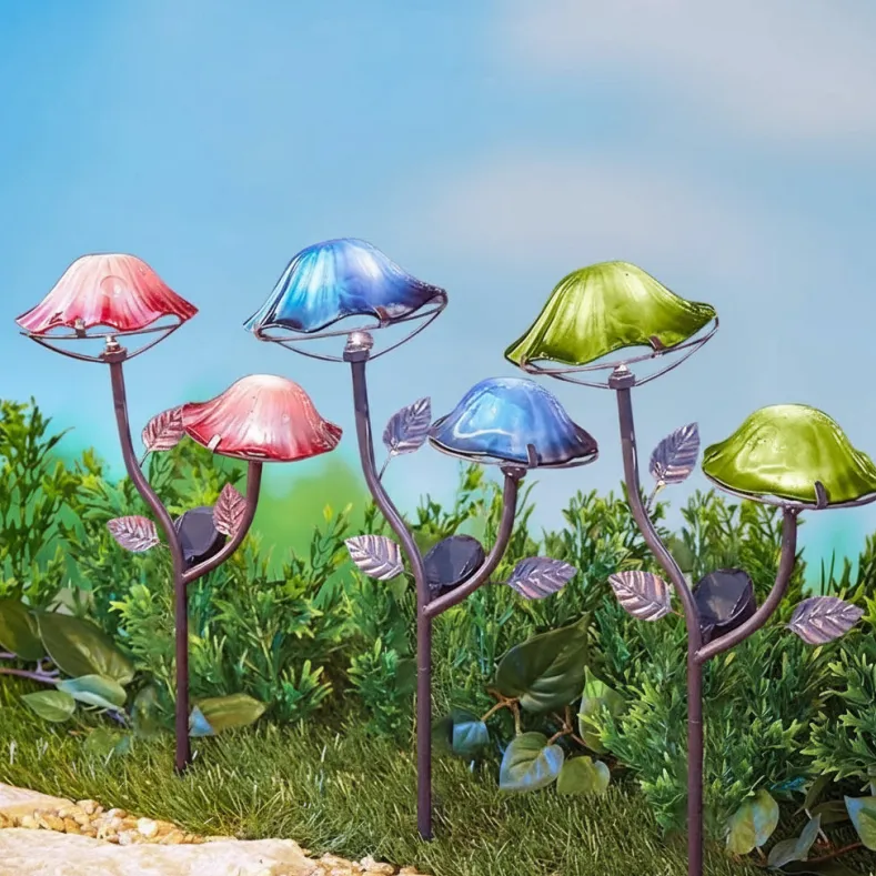 Solar-Powered Double Mushroom Stake – Pink, Green, and Blue
