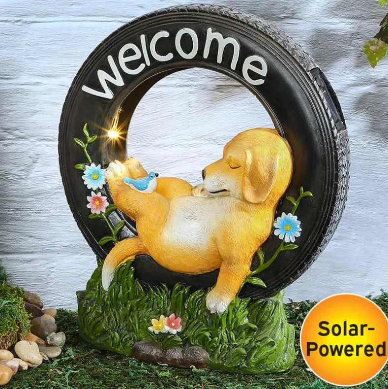 Solar Welcome Dog Statue Garden Decor