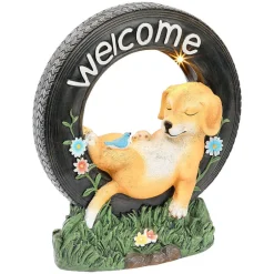 Solar Welcome Dog Statue Garden Decor