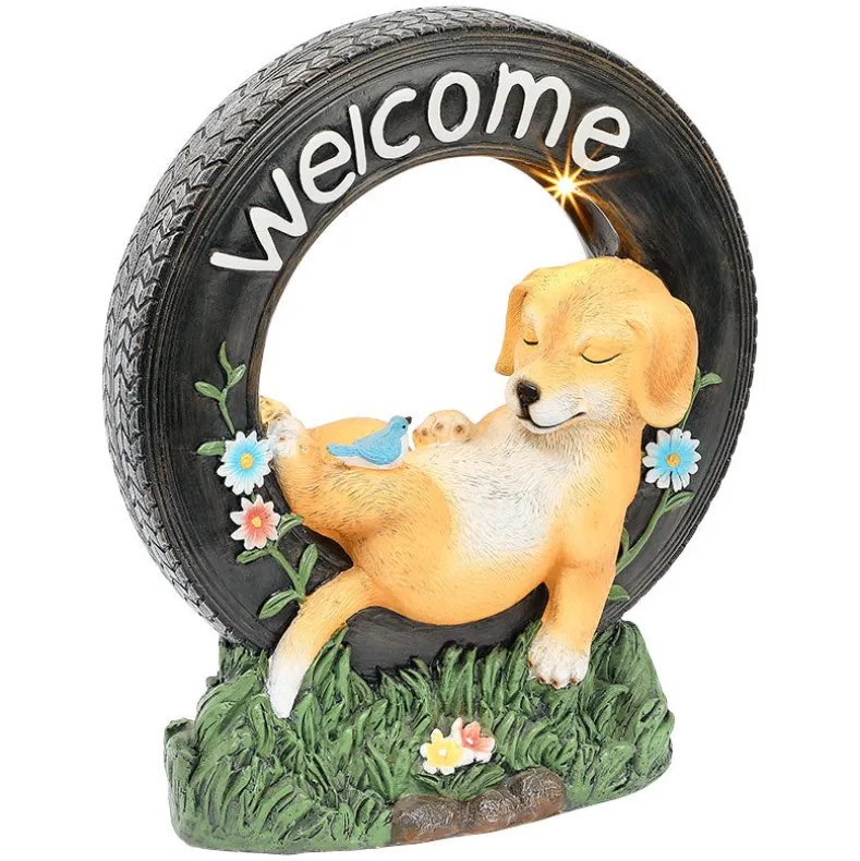 Solar Welcome Dog Statue Garden Decor