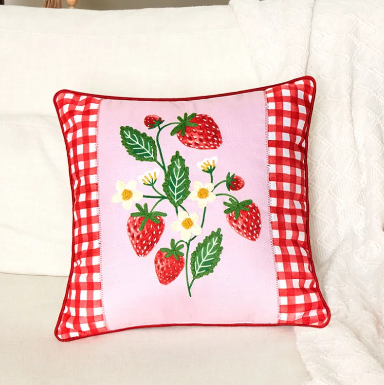 Strawberry Garden Embroidered Decorative Pillow