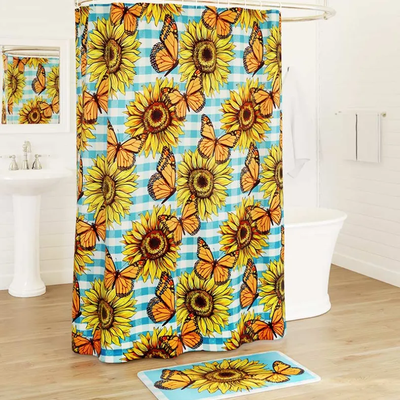 Sunflower and Butterfly Shower Curtain or Memory Foam Bath Rug