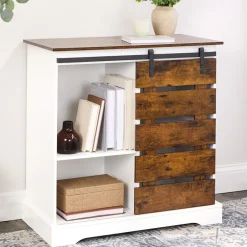 Two Tone Slidling Door Storage Cabinet with Shelves 31.5