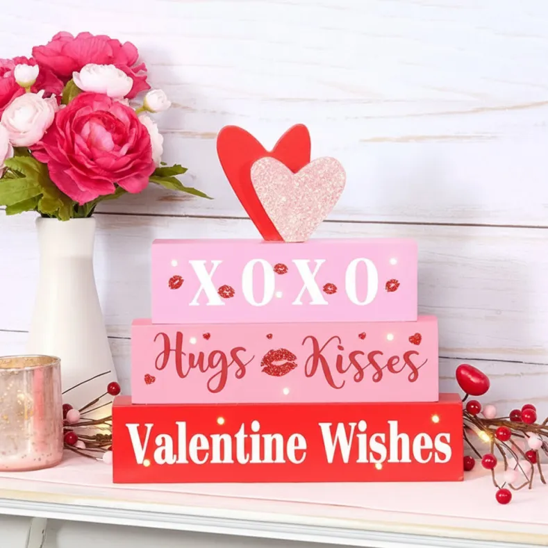 Valentine's Lighted Stacked Pink And Red Block Sign With Message