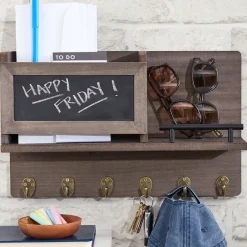 Wall Mounted Entryway Organizer Shelf with Chalkboard and Mail Bin
