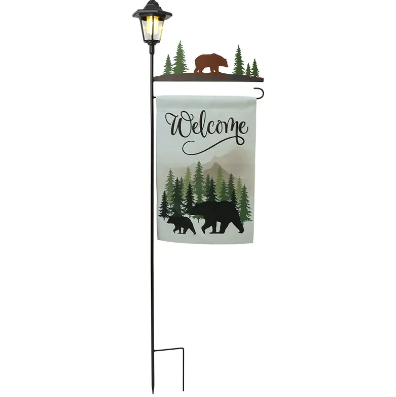 Welcome Flag Lodge Themed With Pole And Lighted Lantern Bear Or Deer
