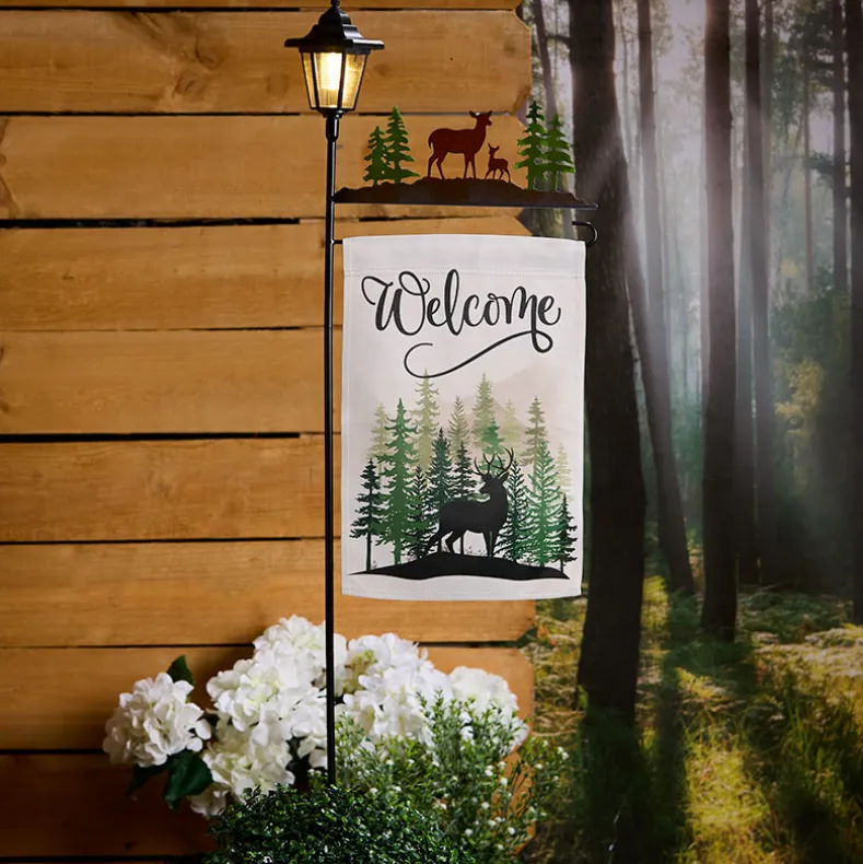 Welcome Flag Lodge Themed With Pole And Lighted Lantern Bear Or Deer