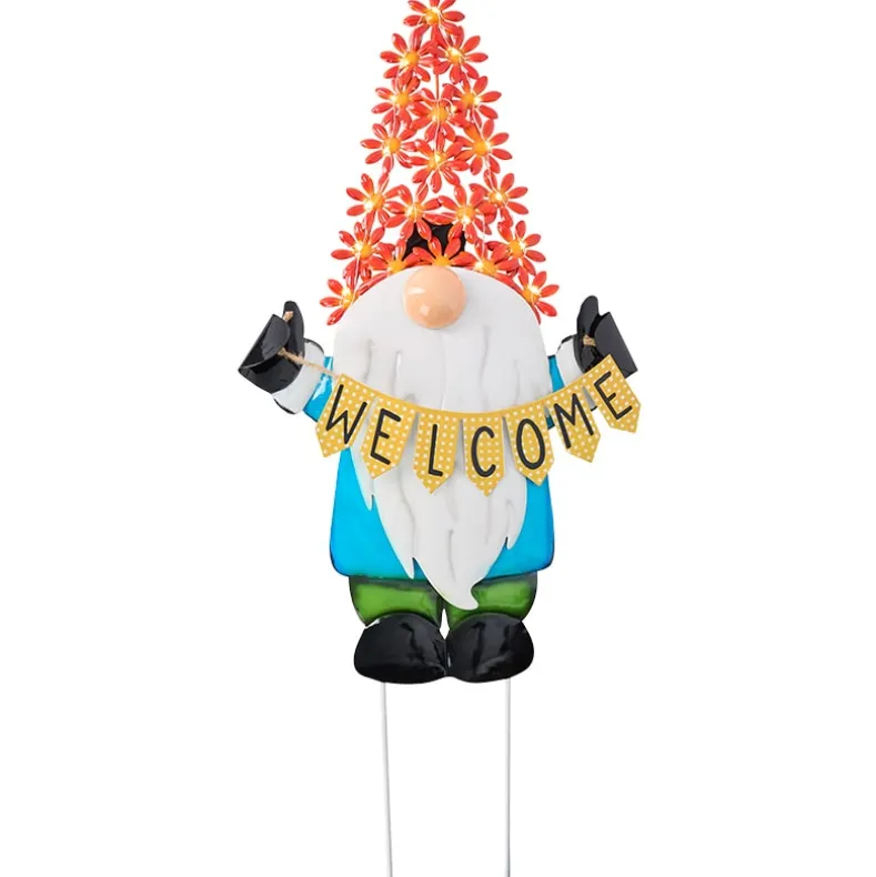 Welcome Gnome Garden Stake With Solar Flower Hat