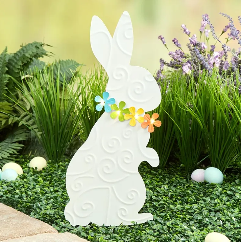 White Bunny With Solar Flowers Stake - Sitting or Standing