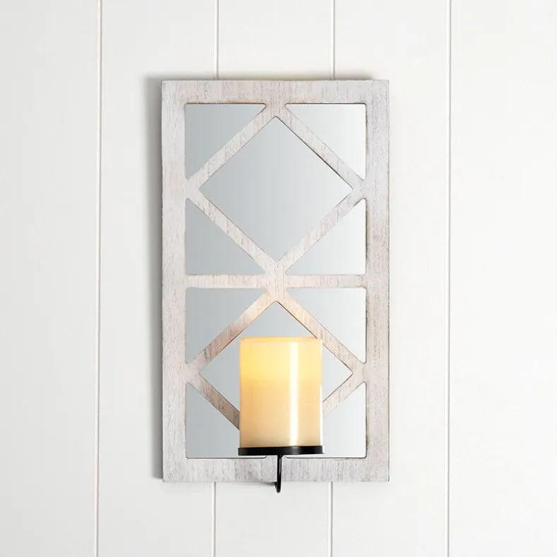 Windowpane Mirror Wall Sconce With Candle - Black, Natural, or White