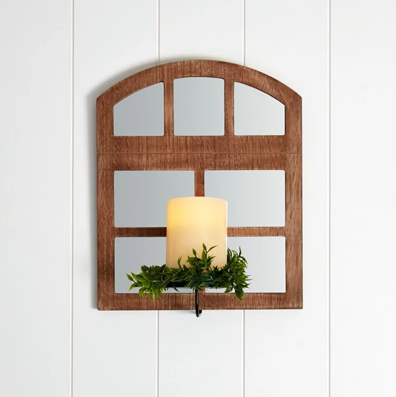 Windowpane Mirror Wall Sconce With Candle - Black, Natural, or White
