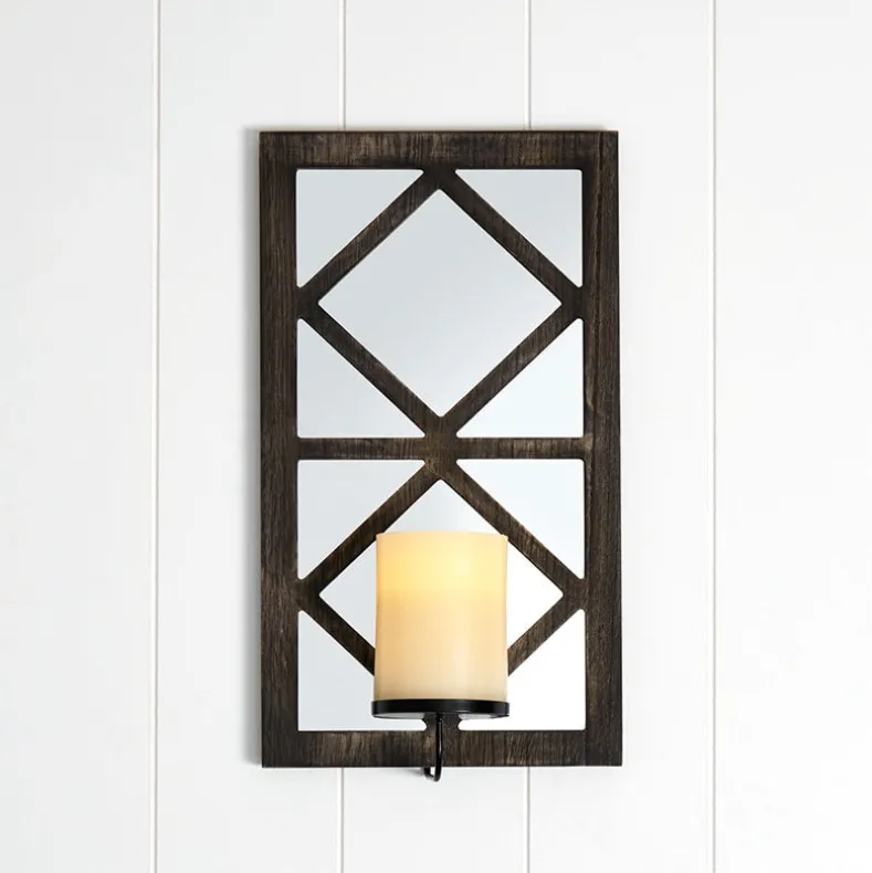 Windowpane Mirror Wall Sconce With Candle - Black, Natural, or White