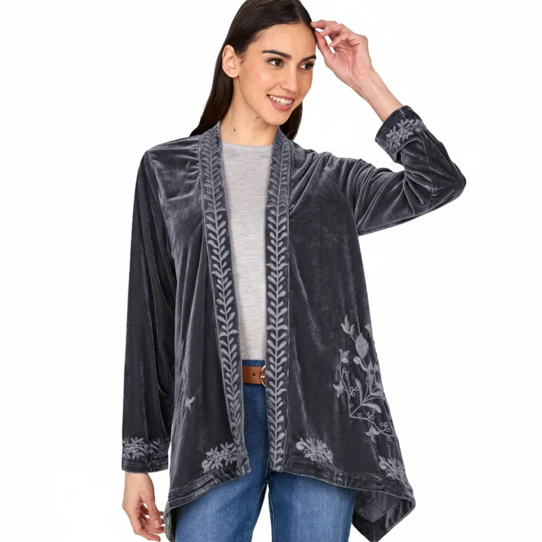 Women's Embroidered Velvet Open Front Cardigan