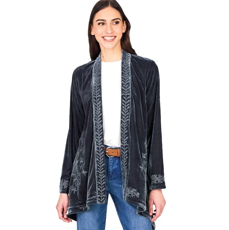 Women's Embroidered Velvet Open Front Cardigan
