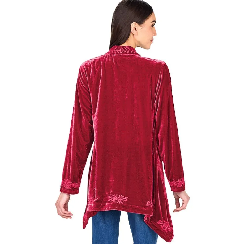 Women's Embroidered Velvet Open Front Cardigan