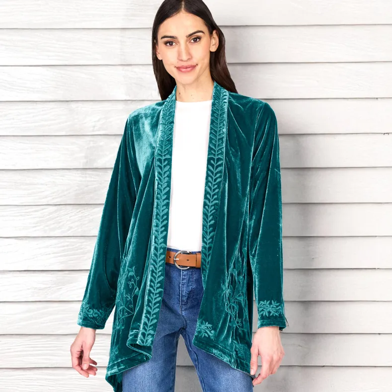 Women's Embroidered Velvet Open Front Cardigan