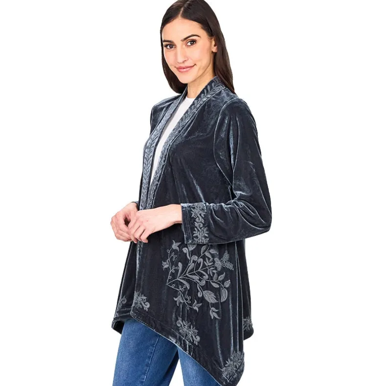 Women's Embroidered Velvet Open Front Cardigan