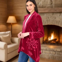 Women's Embroidered Velvet Open Front Cardigan