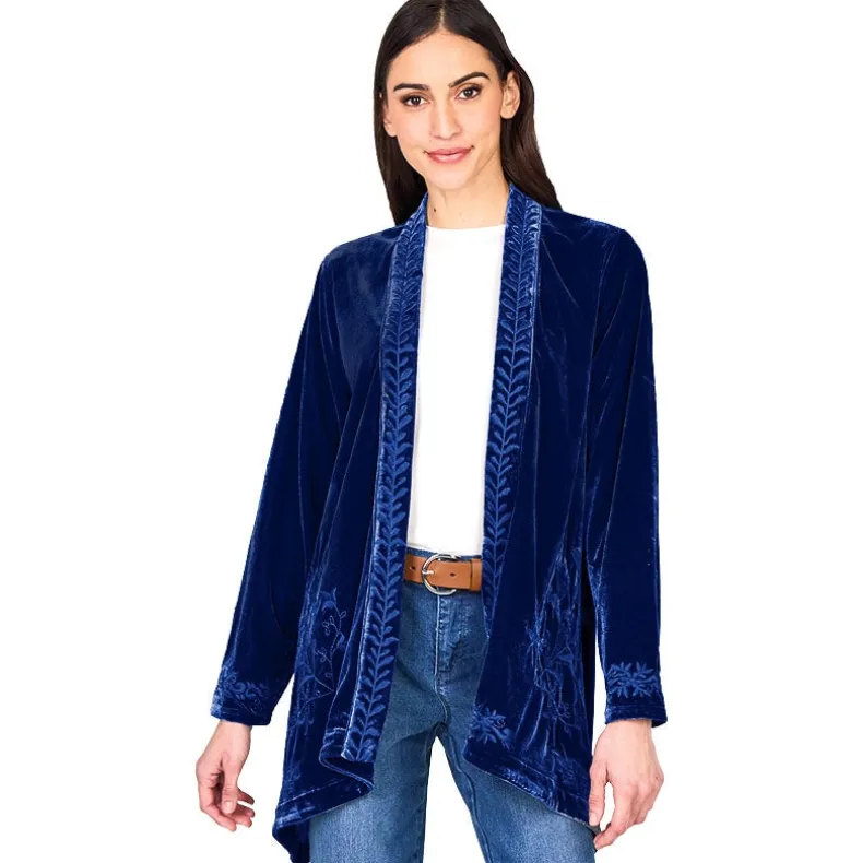 Women's Embroidered Velvet Open Front Cardigan