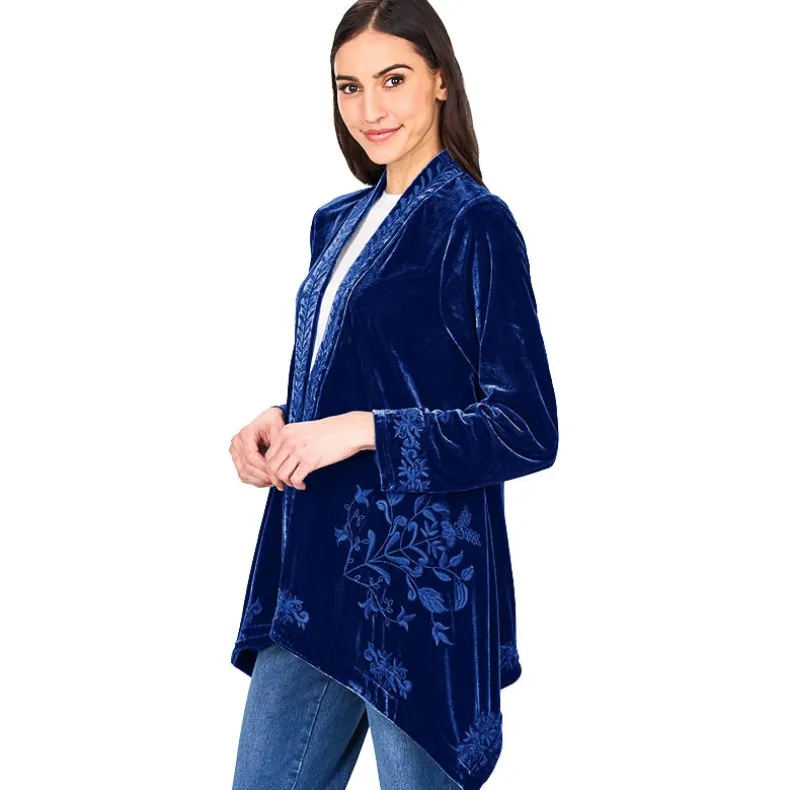 Women's Embroidered Velvet Open Front Cardigan