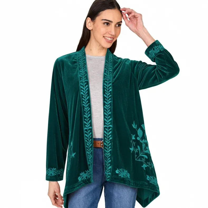 Women's Embroidered Velvet Open Front Cardigan