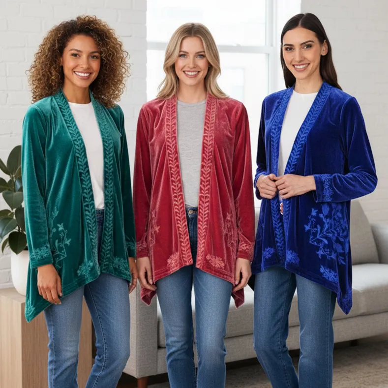 Women's Embroidered Velvet Open Front Cardigan