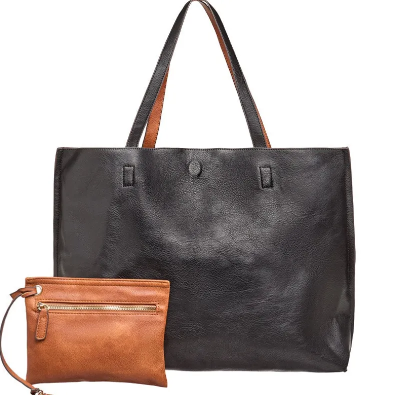 Women's Faux Leather Reversible Tote Bag with Matching Purse