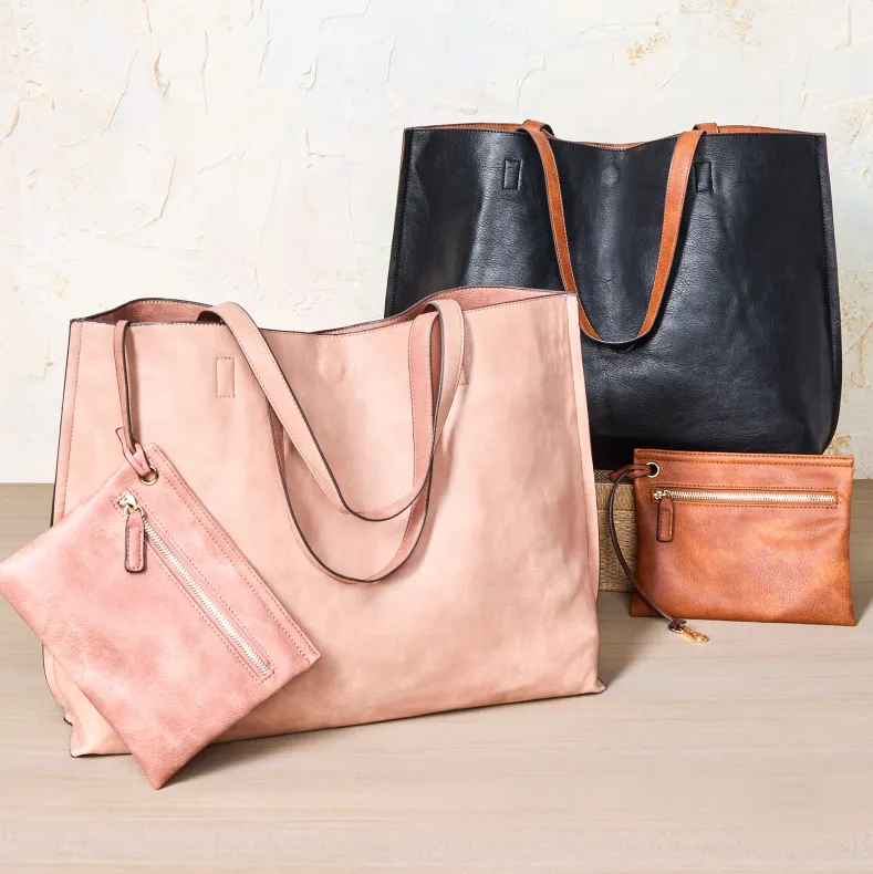 Women's Faux Leather Reversible Tote Bag with Matching Purse