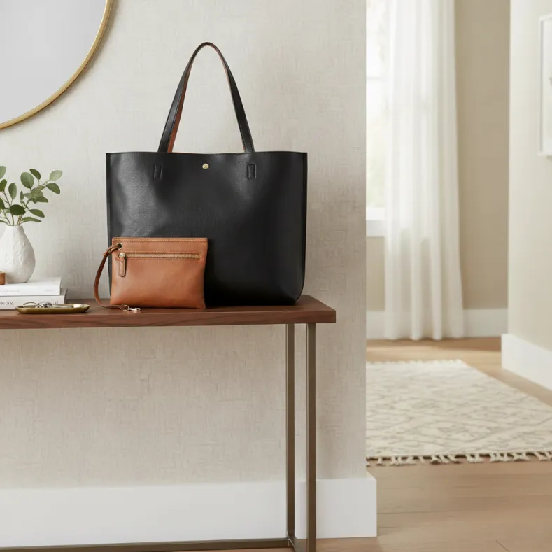 Women's Faux Leather Reversible Tote Bag with Matching Purse