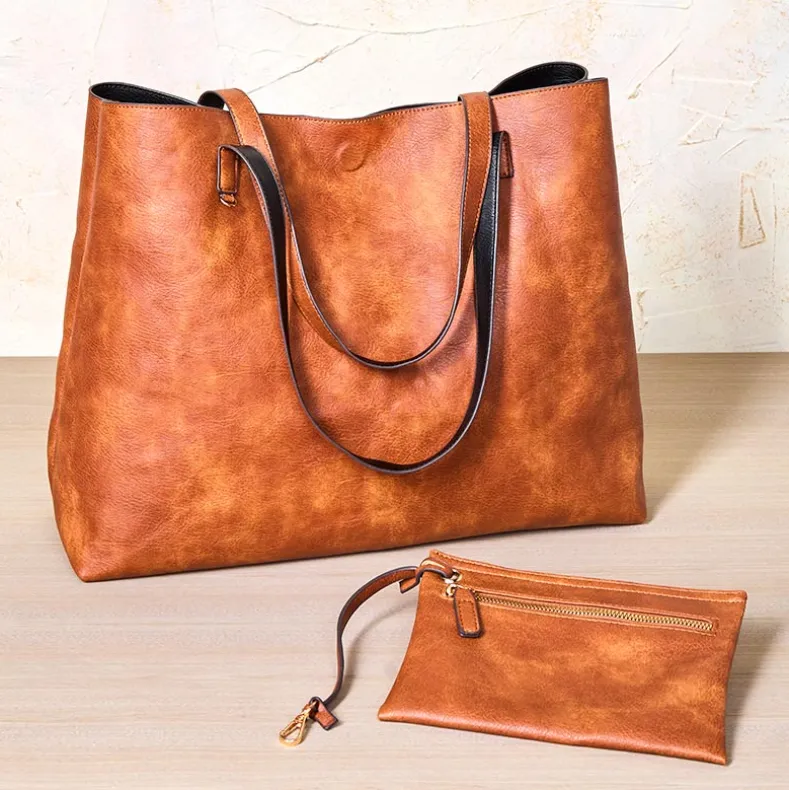 Women's Faux Leather Reversible Tote Bag with Matching Purse