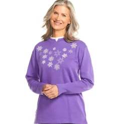Women's Holiday Sweatshirt with Embroidered Snowflakes