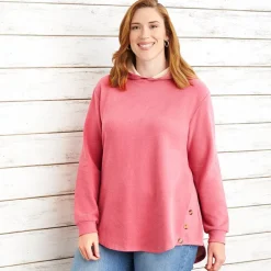 Women's Long-Sleeve Hooded Pullover with Decorative Buttons