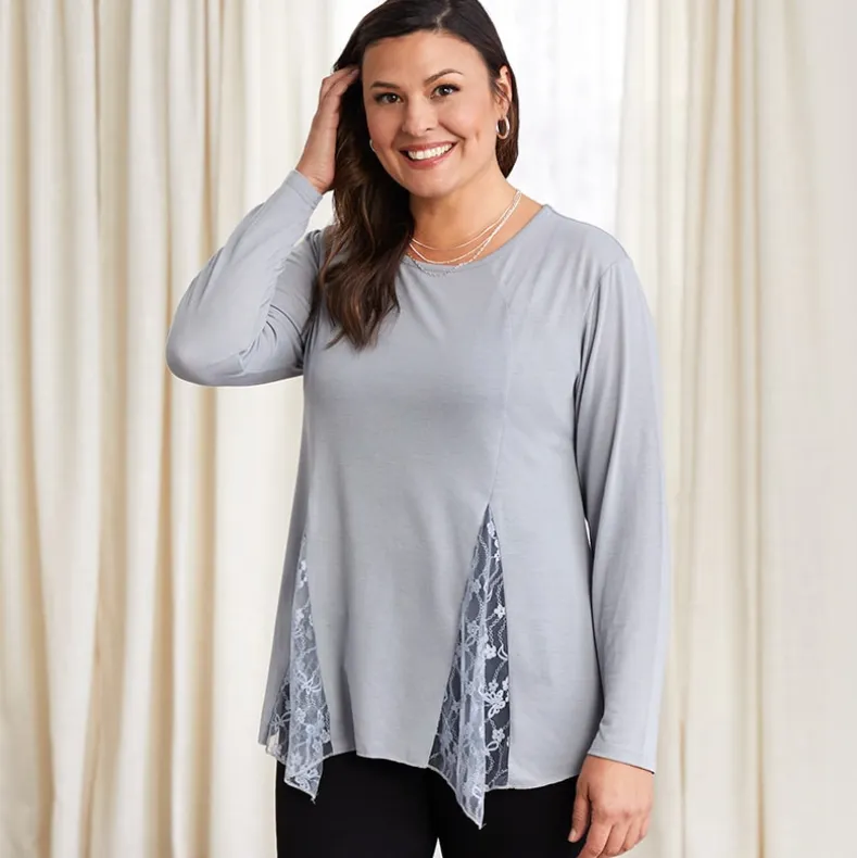 Women's Long Sleeve Tunic Top with Lace Inset