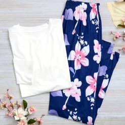 Women's Soft Pajama Set with Long Sleeve Top and Floral Pants